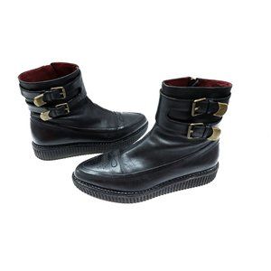 WOMENS MARC BY MARC JACOBS BLACK LEATHER BUCKLE ANKLE BOOTS SIZE 37